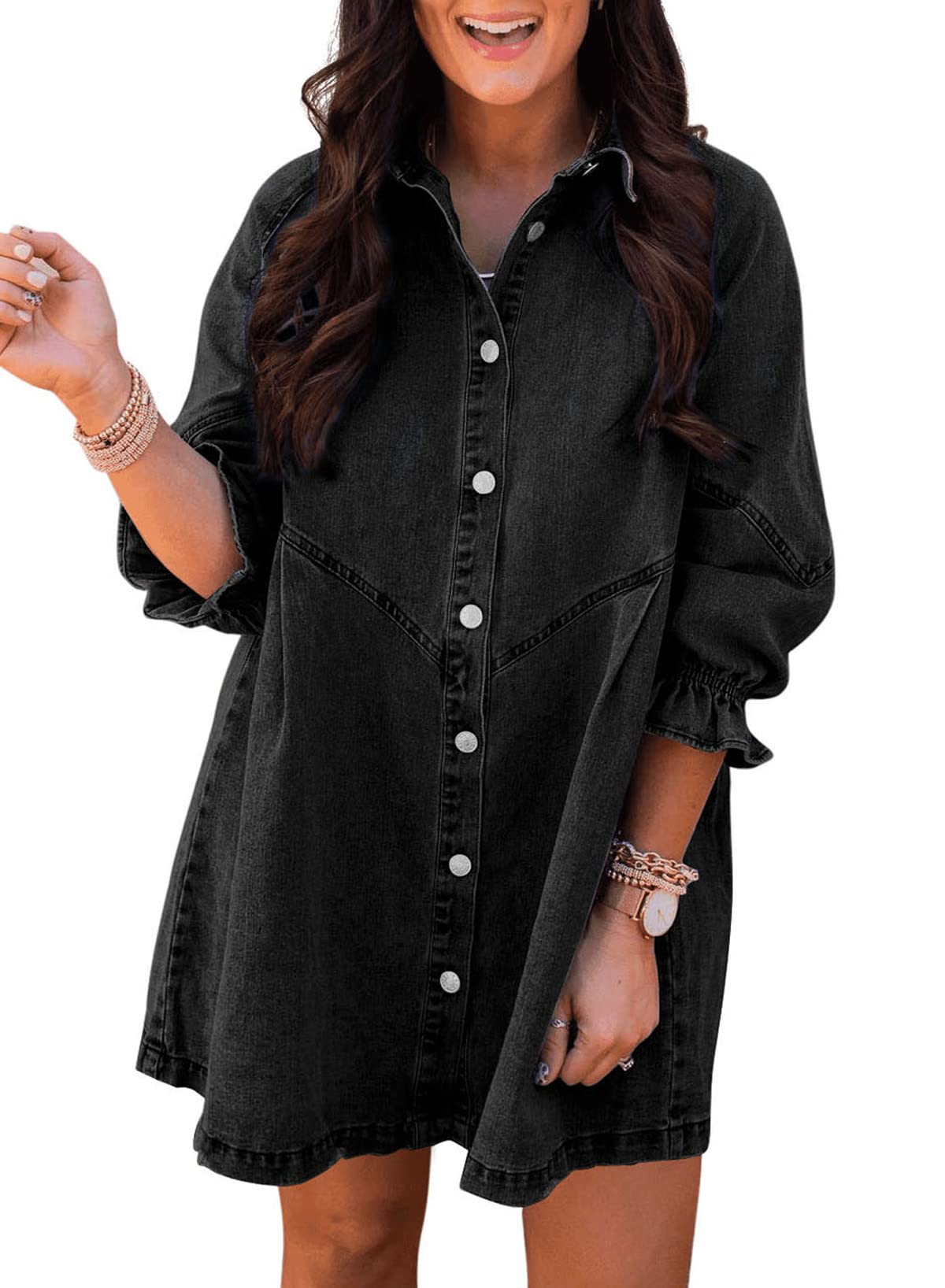 EMMIOLA Women's V Neck Button Down Denim Blouse Casual Tops