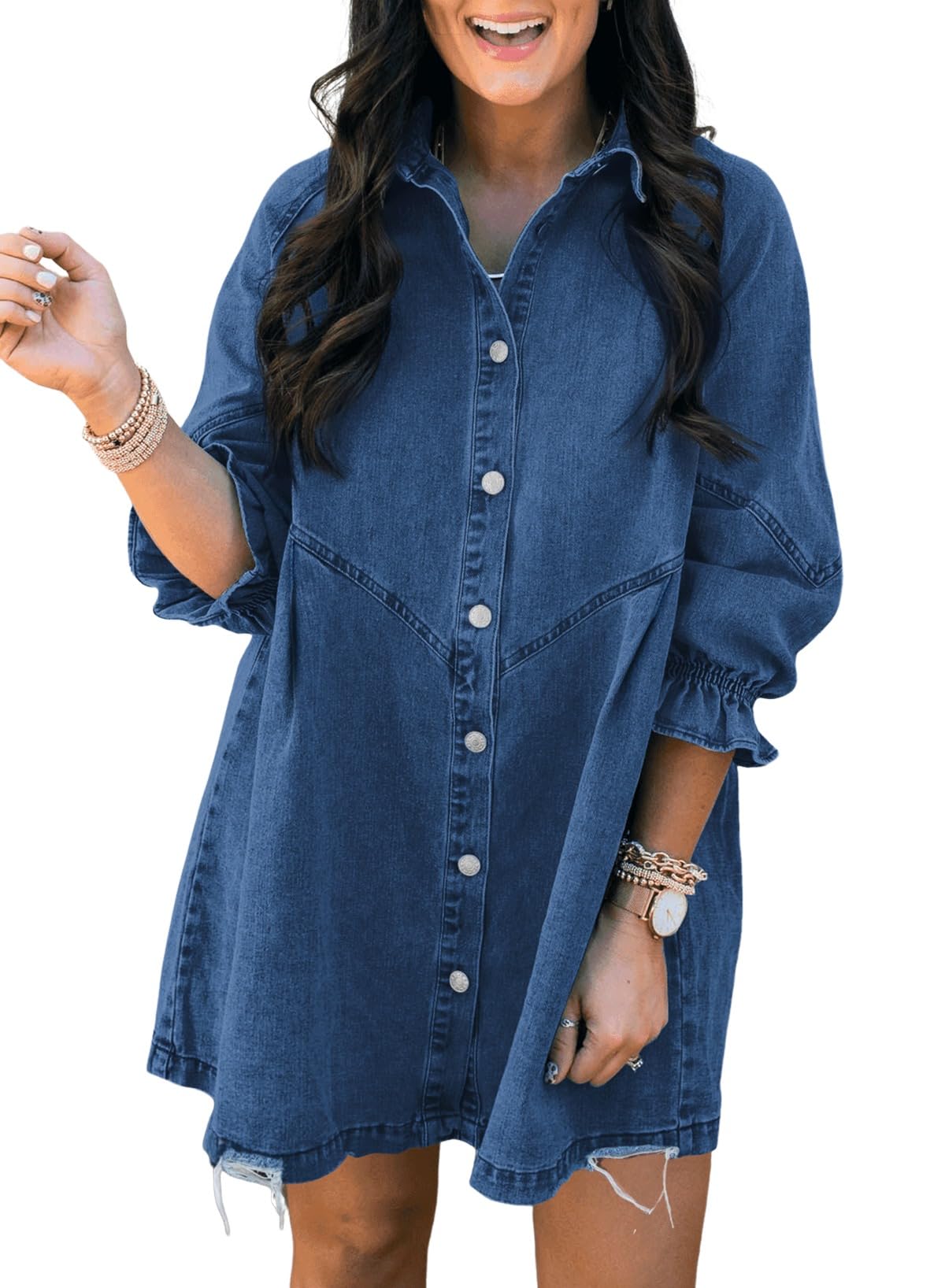EMMIOLA 3/4 Sleeve Smocked Button Down Denim Dress for Women