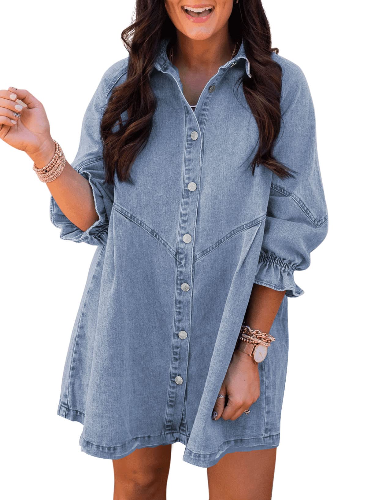 EMMIOLA 3/4 Sleeve Smocked Button Down Denim Dress for Women
