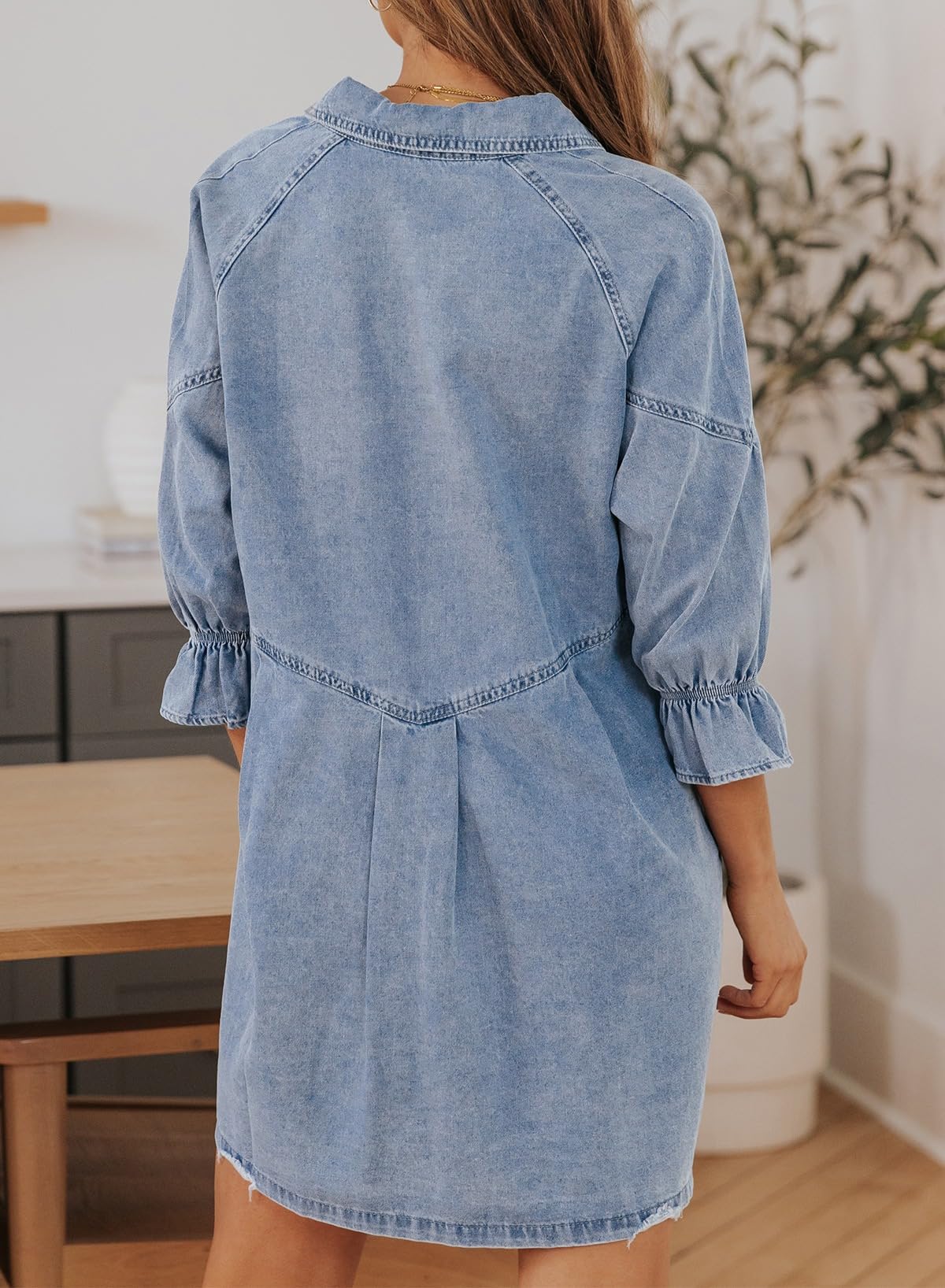 EMMIOLA 3/4 Sleeve Smocked Button Down Denim Dress for Women