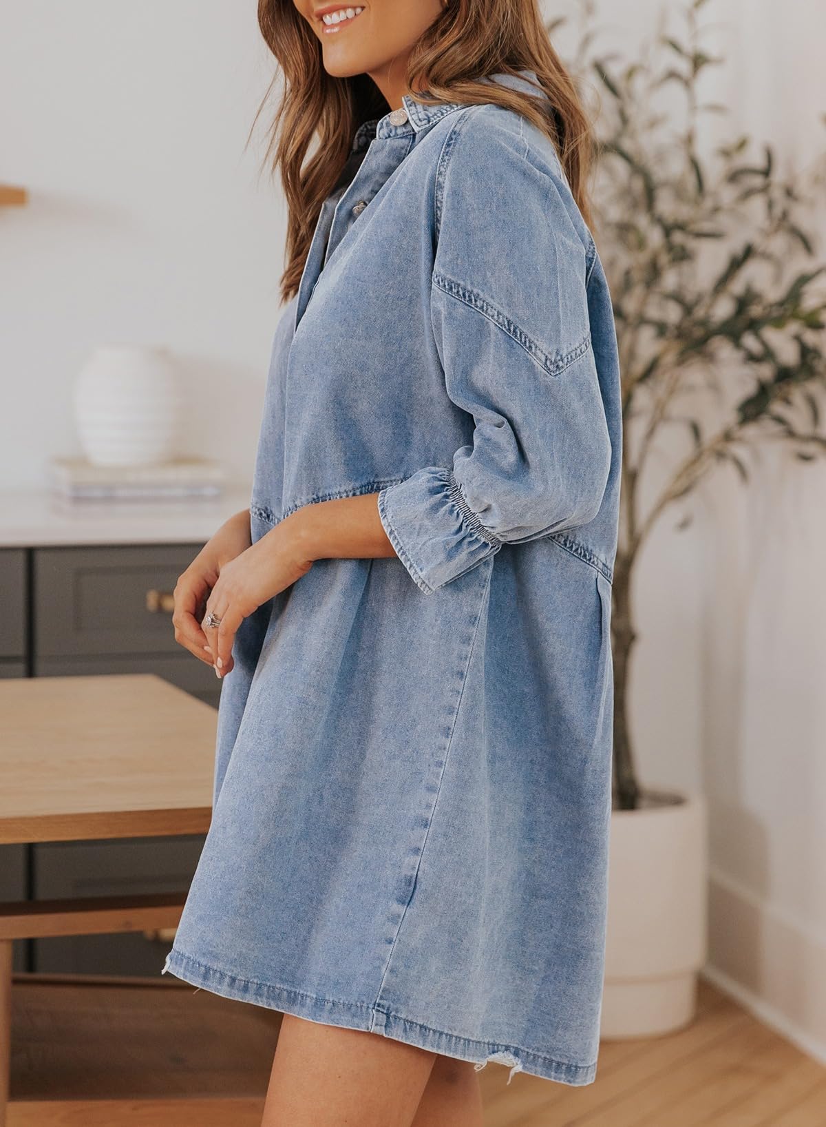 EMMIOLA 3/4 Sleeve Smocked Button Down Denim Dress for Women