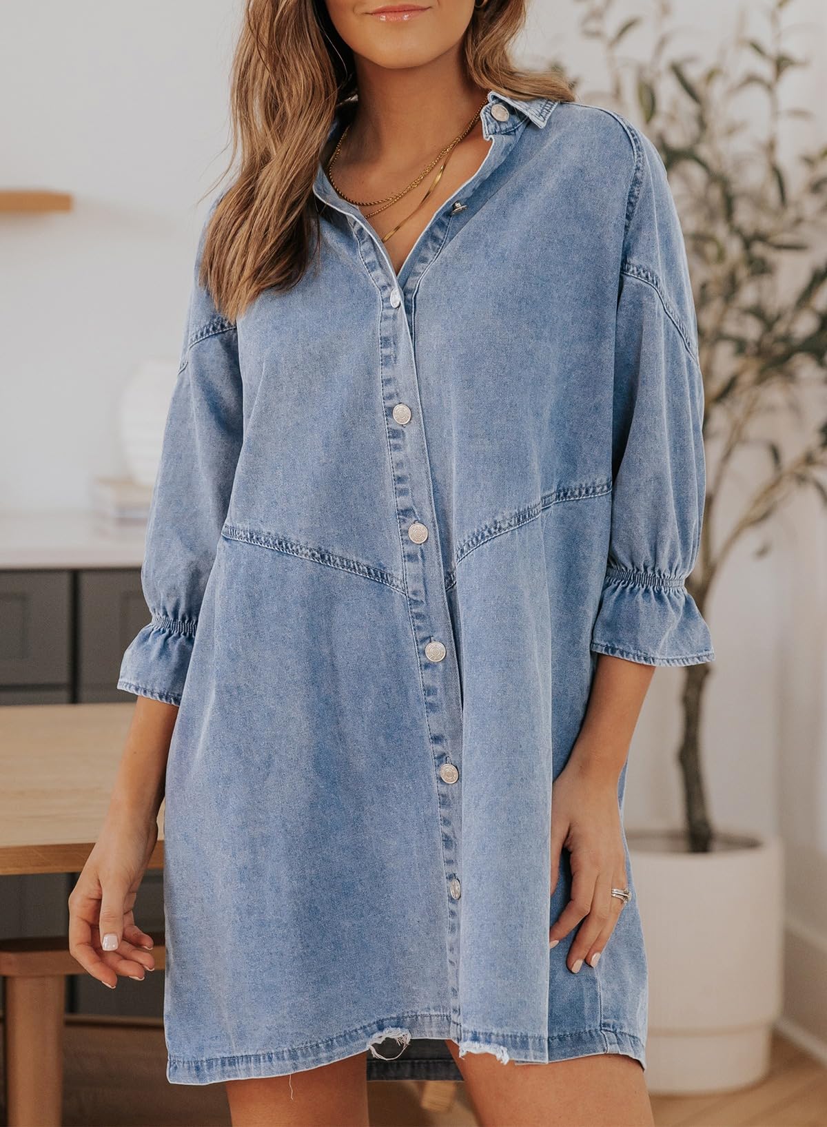EMMIOLA 3/4 Sleeve Smocked Button Down Denim Dress for Women