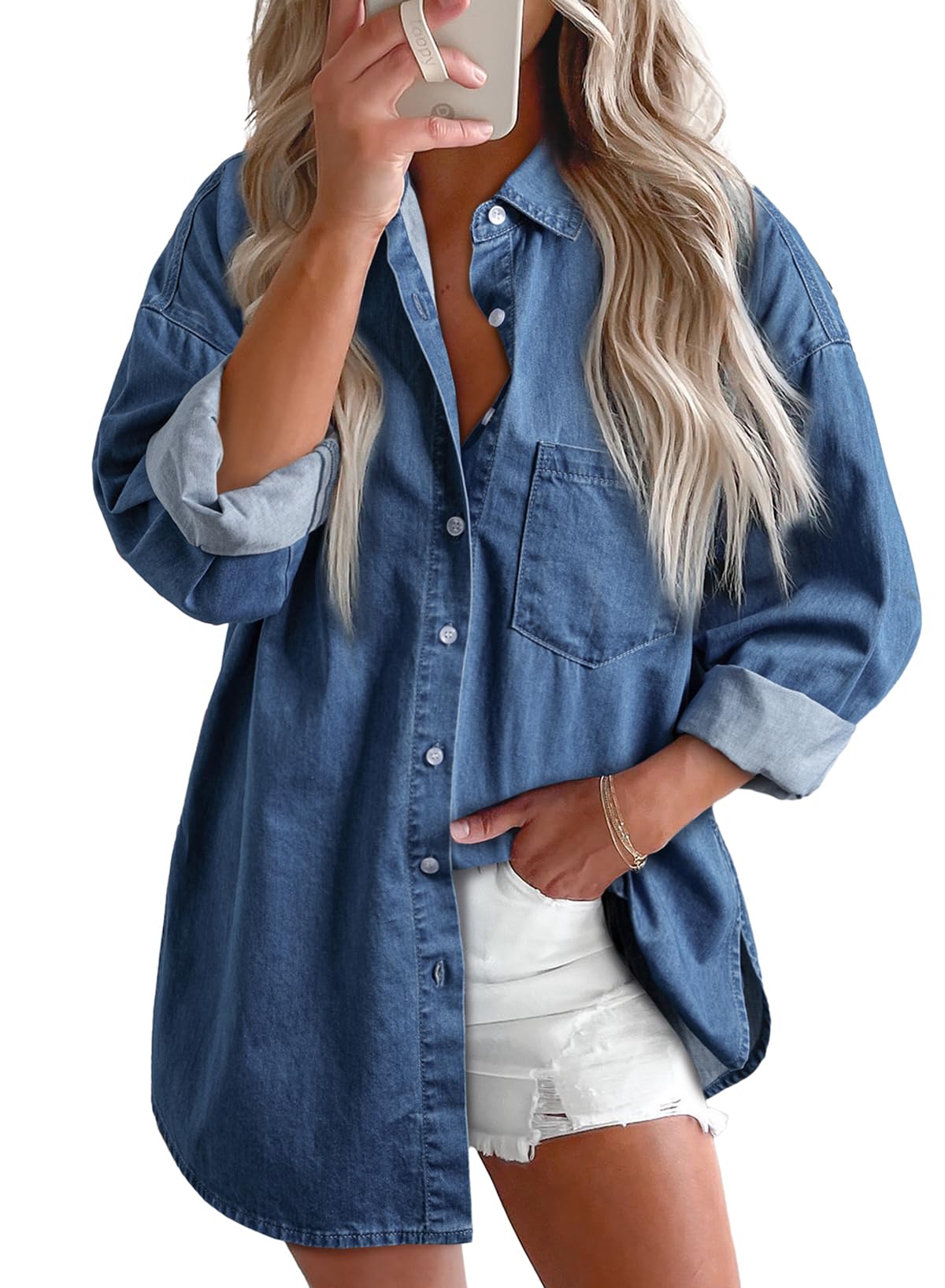 EMMIOLA Women's V Neck Button Down Denim Blouse Casual Tops