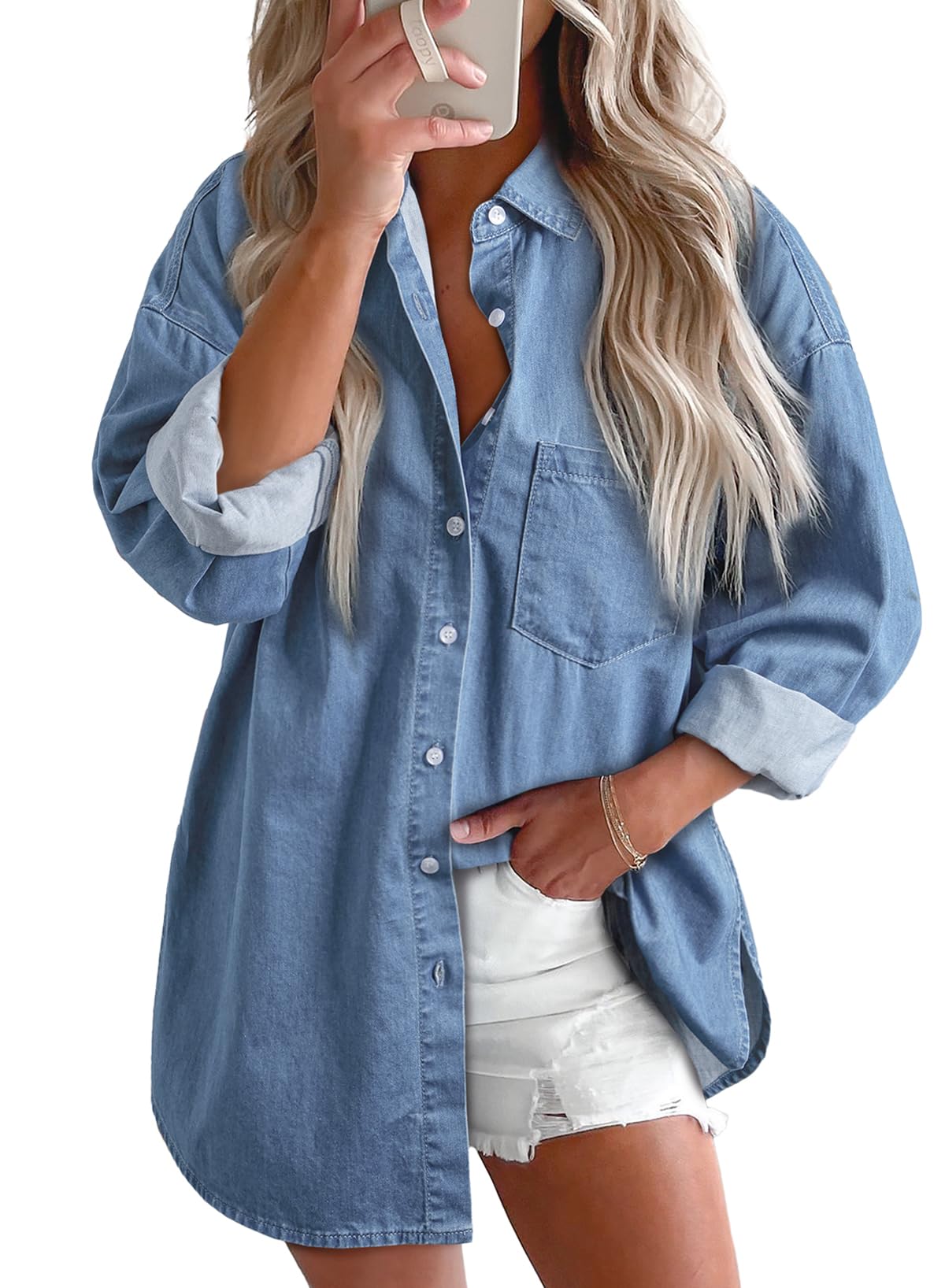 EMMIOLA Women's V Neck Button Down Denim Blouse Casual Tops