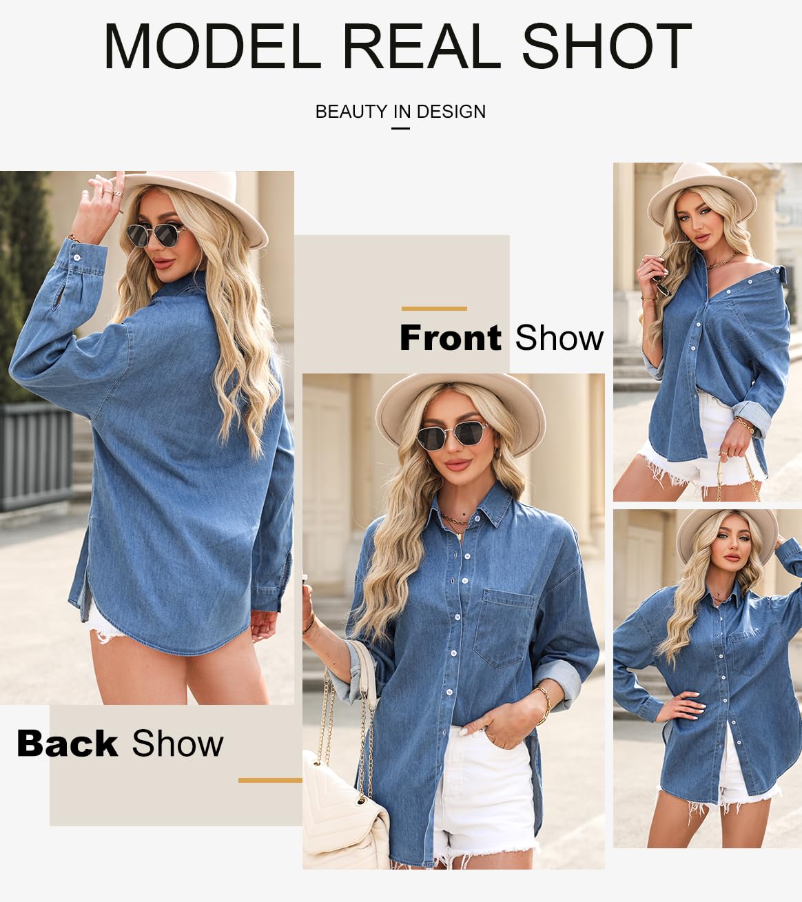 EMMIOLA Women's V Neck Button Down Denim Blouse Casual Tops