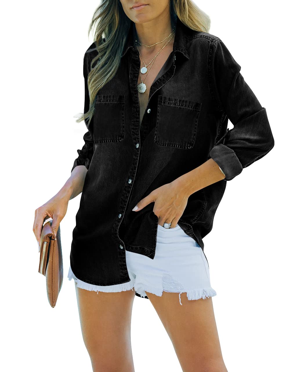 EMMIOLA Women's Long Sleeve Chambray Button Down Boyfriend Denim Shacket with Pockets