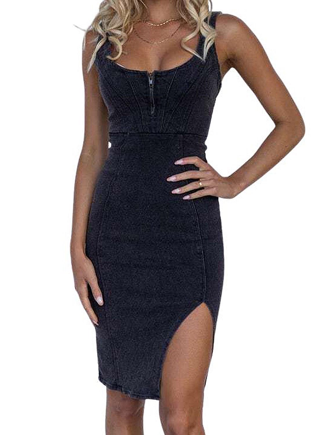 EMMIOLA Women's 2026 Sleeveless Bodycon Midi Denim Dress with Side Slit