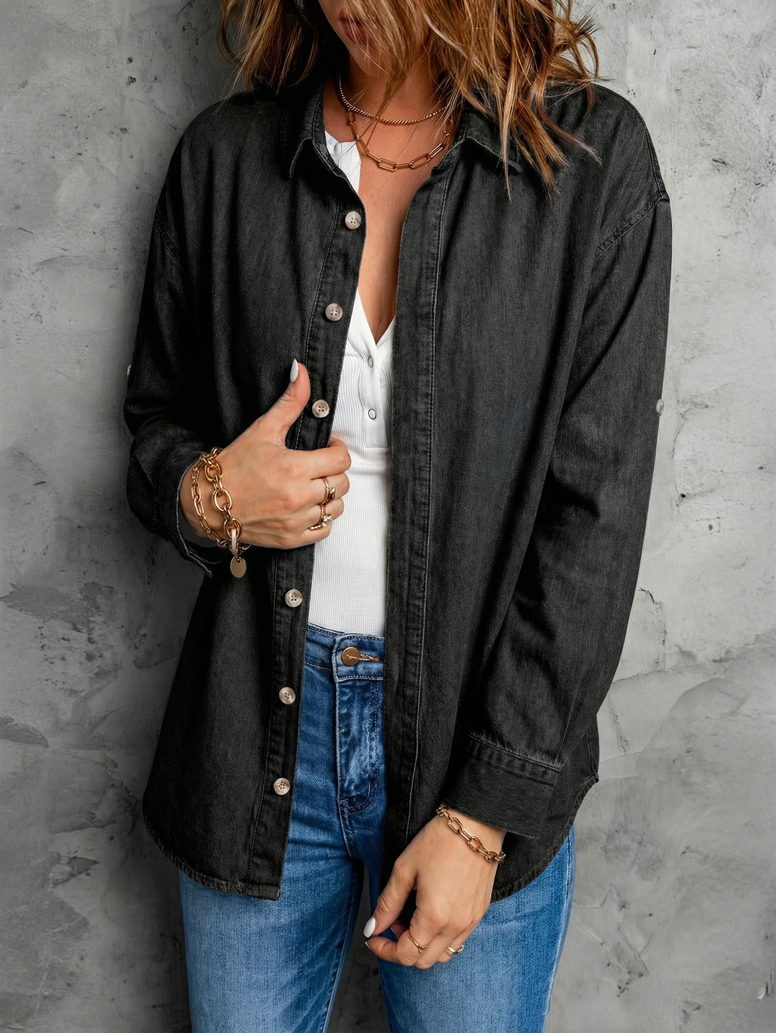 EMMIOLA Women Oversized Hidden Button Long Sleeve Denim Shirt