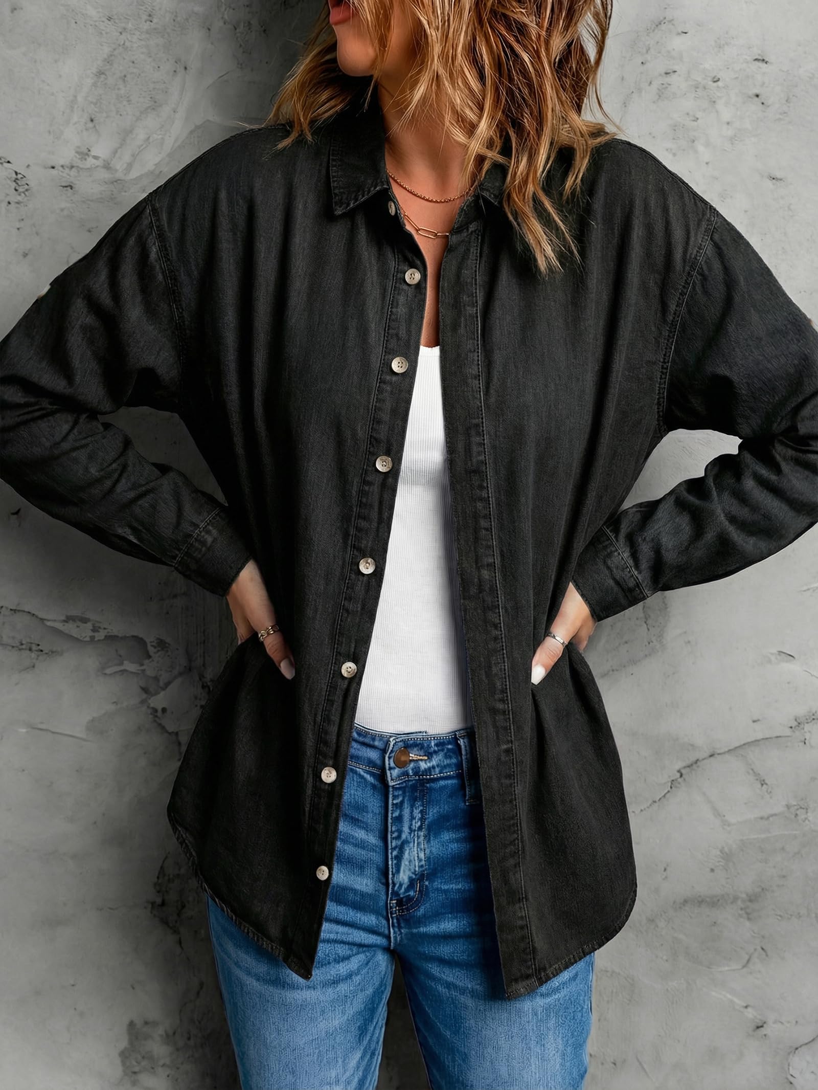 EMMIOLA Women Oversized Hidden Button Long Sleeve Denim Shirt