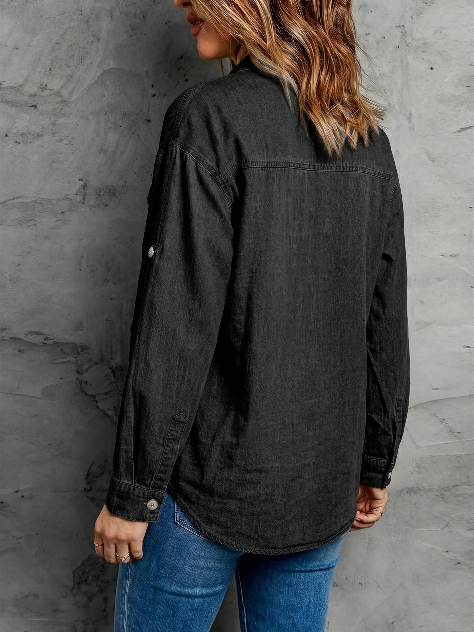 EMMIOLA Women Oversized Hidden Button Long Sleeve Denim Shirt