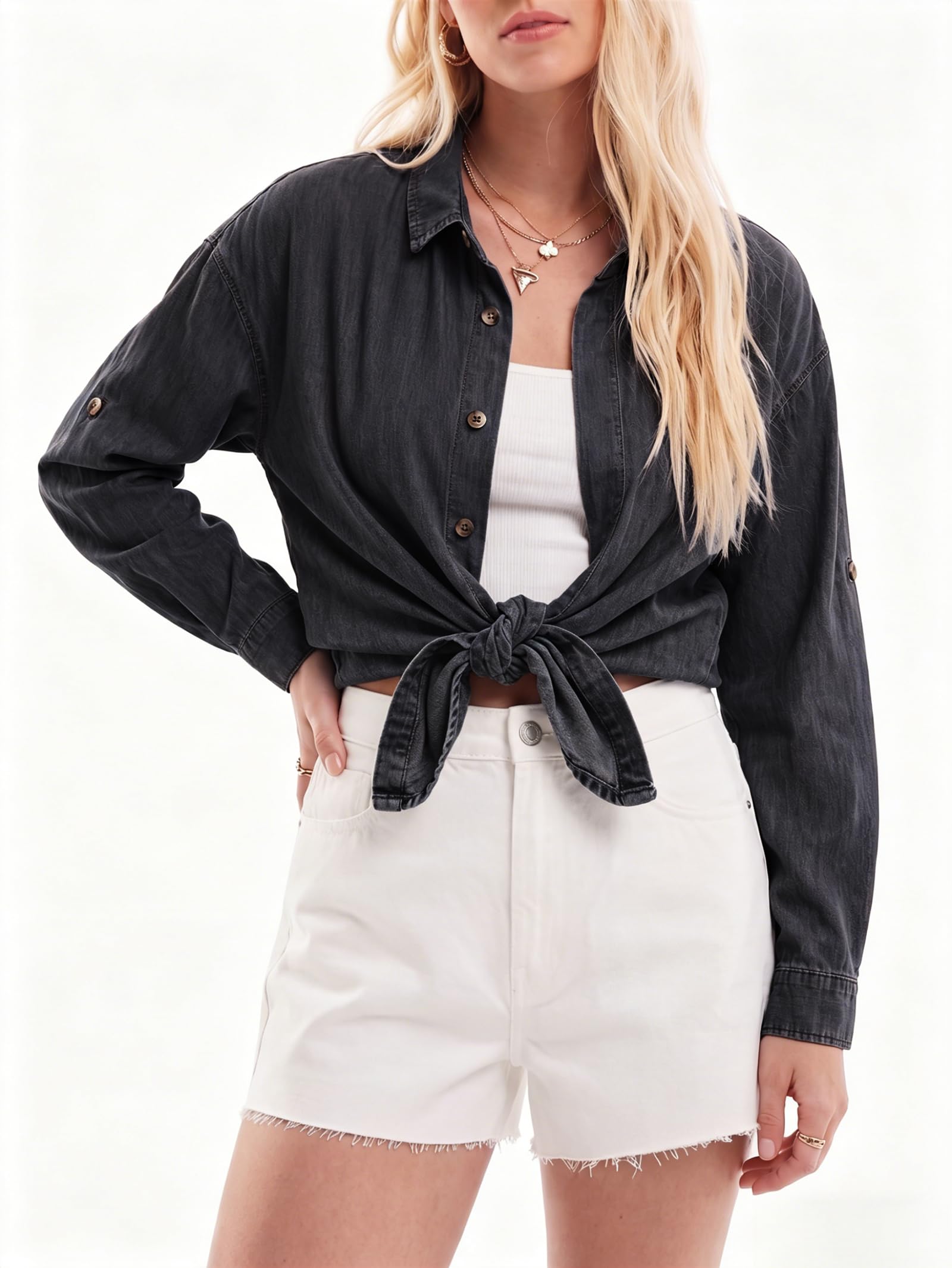 EMMIOLA Women Oversized Hidden Button Long Sleeve Denim Shirt