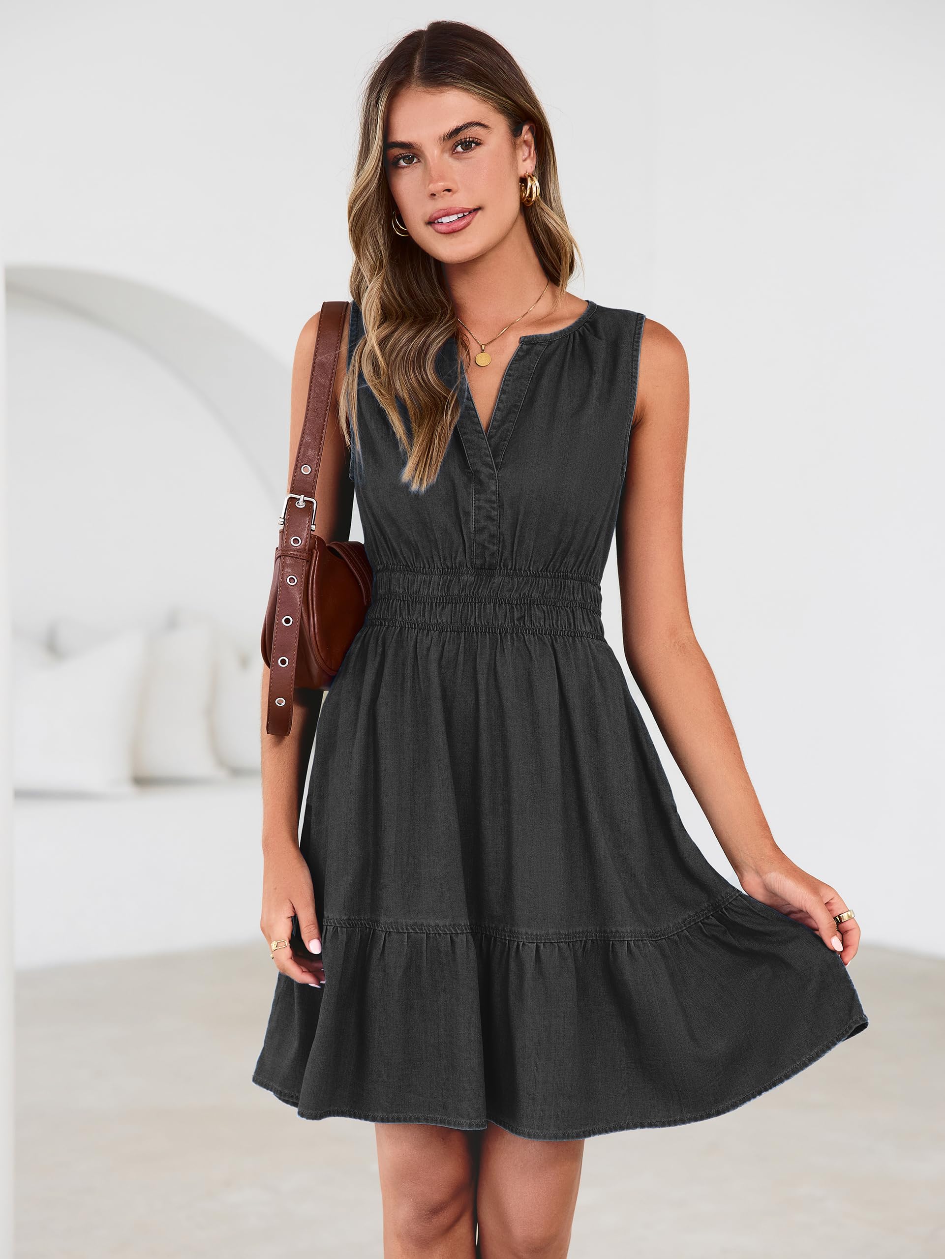 EMMIOLA Sleeveless Tiered Chambray Mini Denim Dress Cowgirl Country Style with Pockets