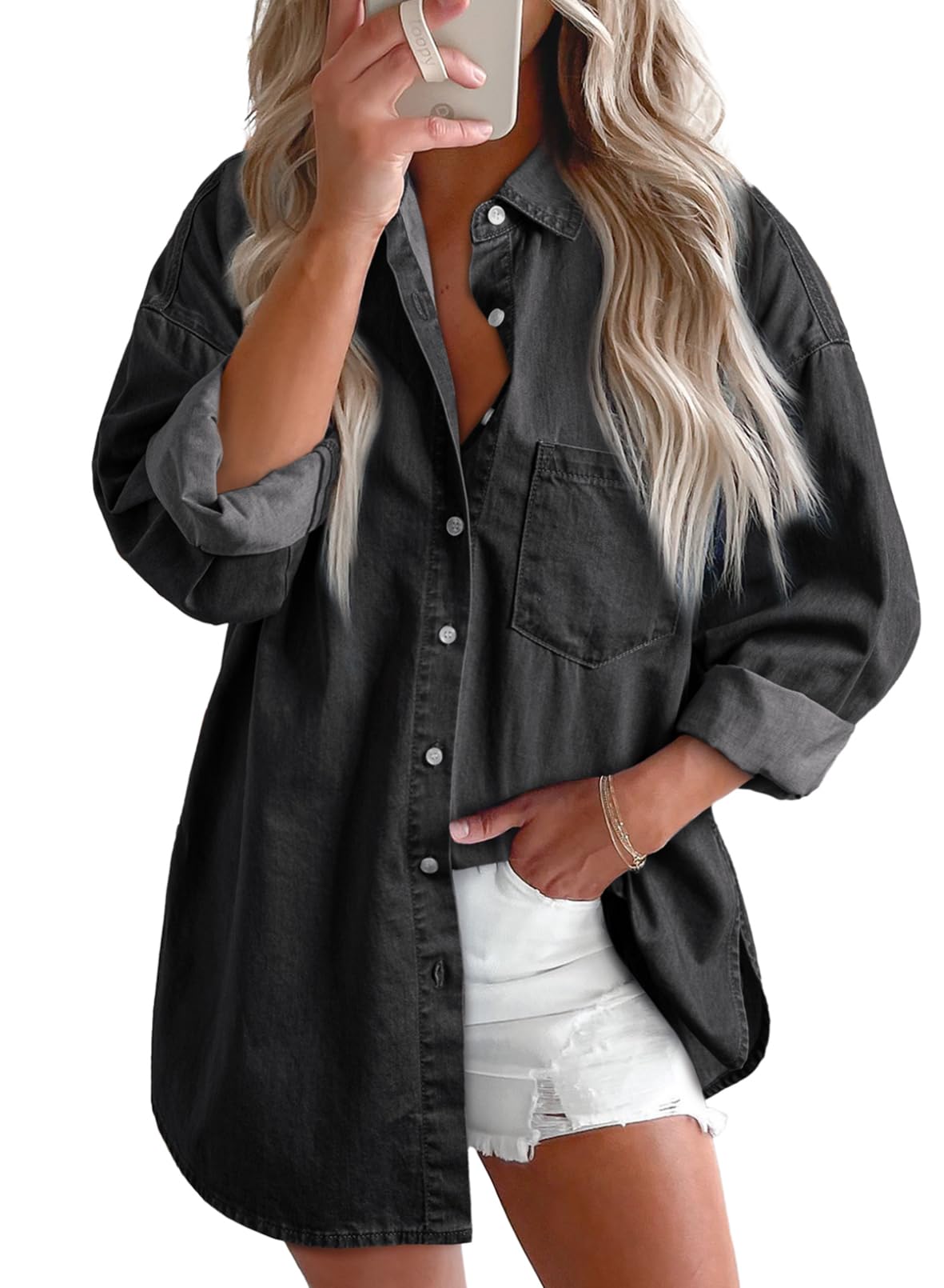 EMMIOLA Women's V Neck Button Down Denim Blouse Casual Tops