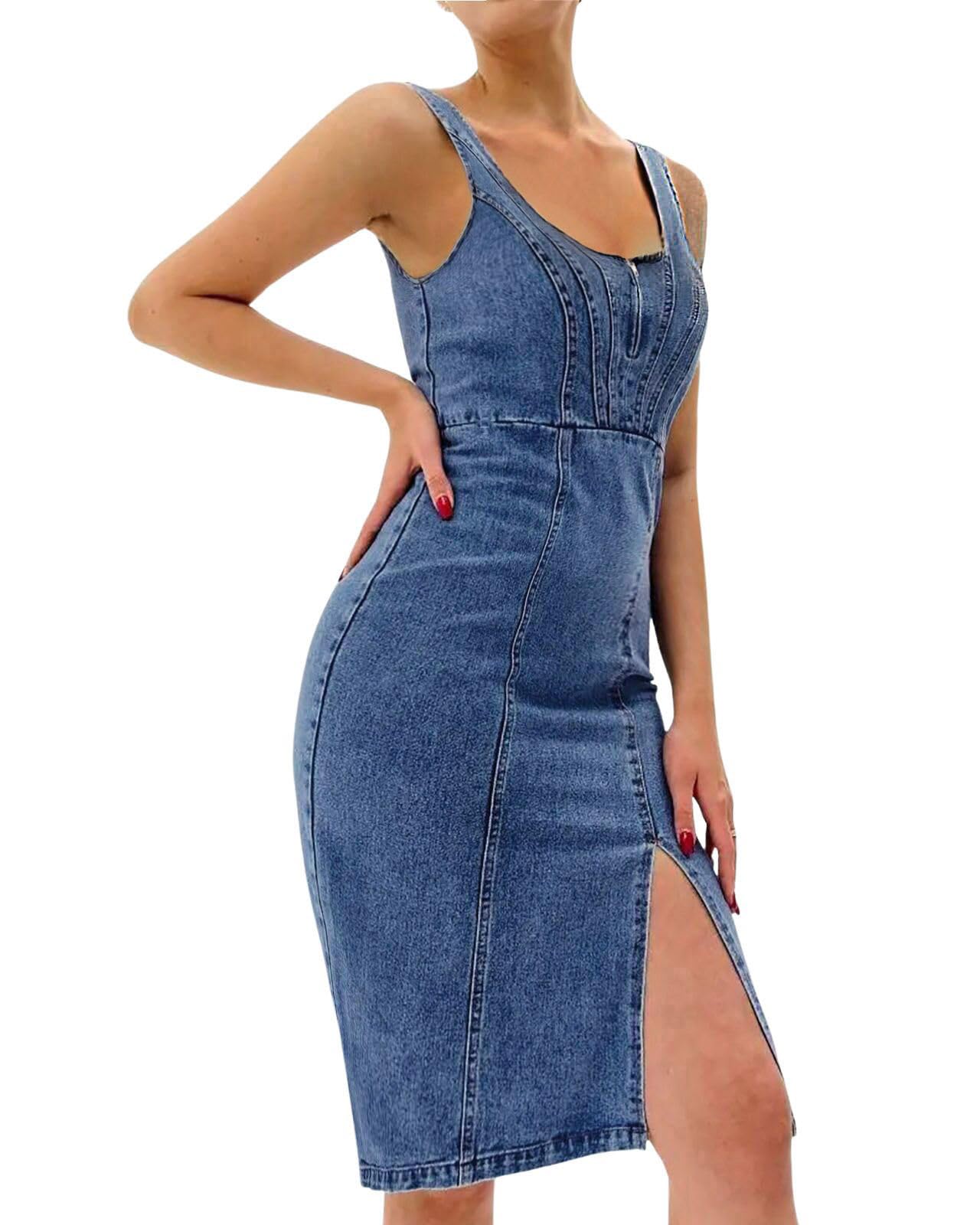 EMMIOLA Women's 2026 Sleeveless Bodycon Midi Denim Dress with Side Slit