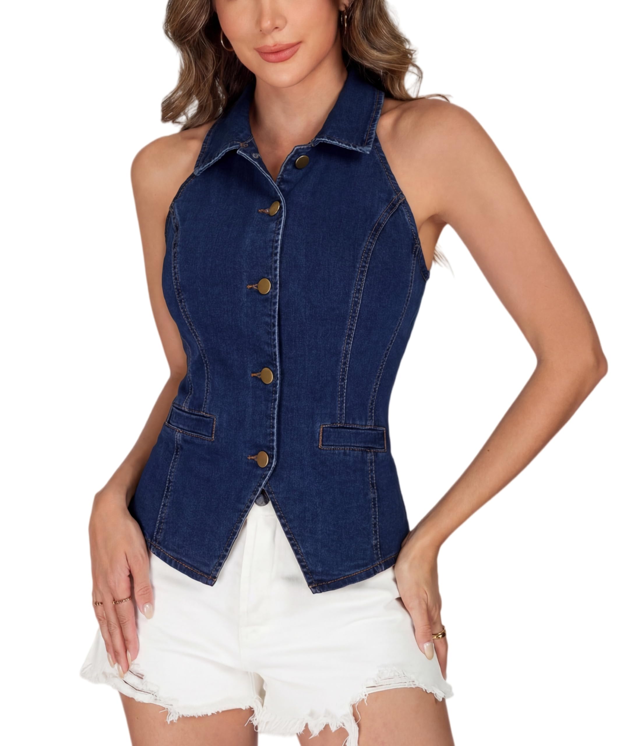 EMMIOLA Women's Sleeveless Collared Denim Halter Vest Button Down Waistcoat