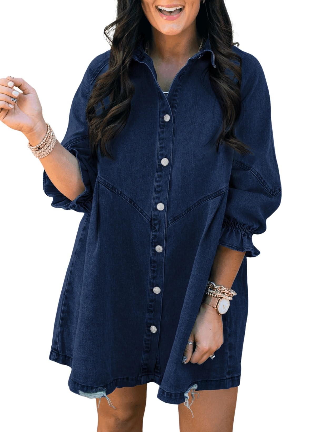 EMMIOLA Women's V Neck Button Down Denim Blouse Casual Tops