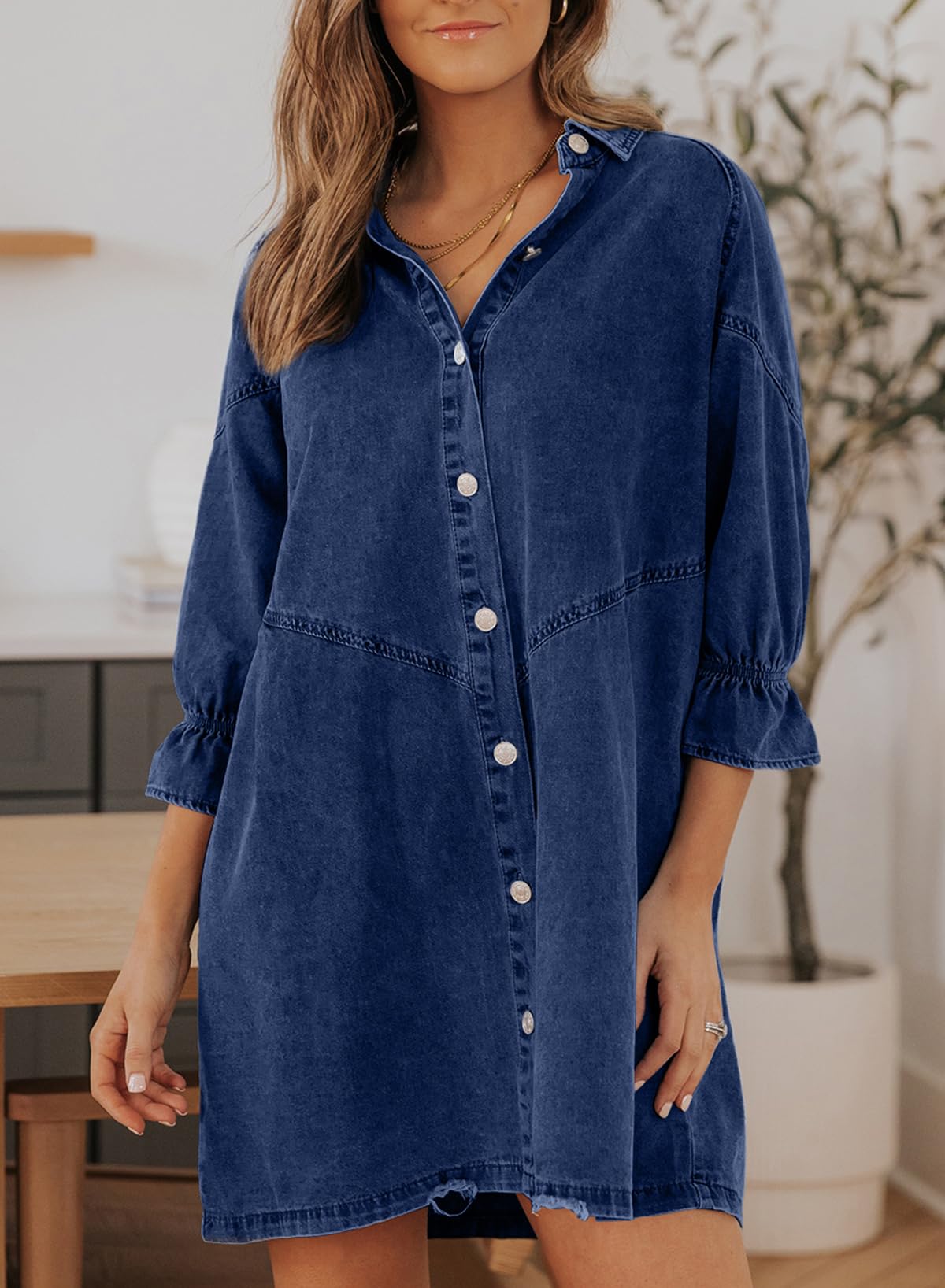 EMMIOLA Women's V Neck Button Down Denim Blouse Casual Tops