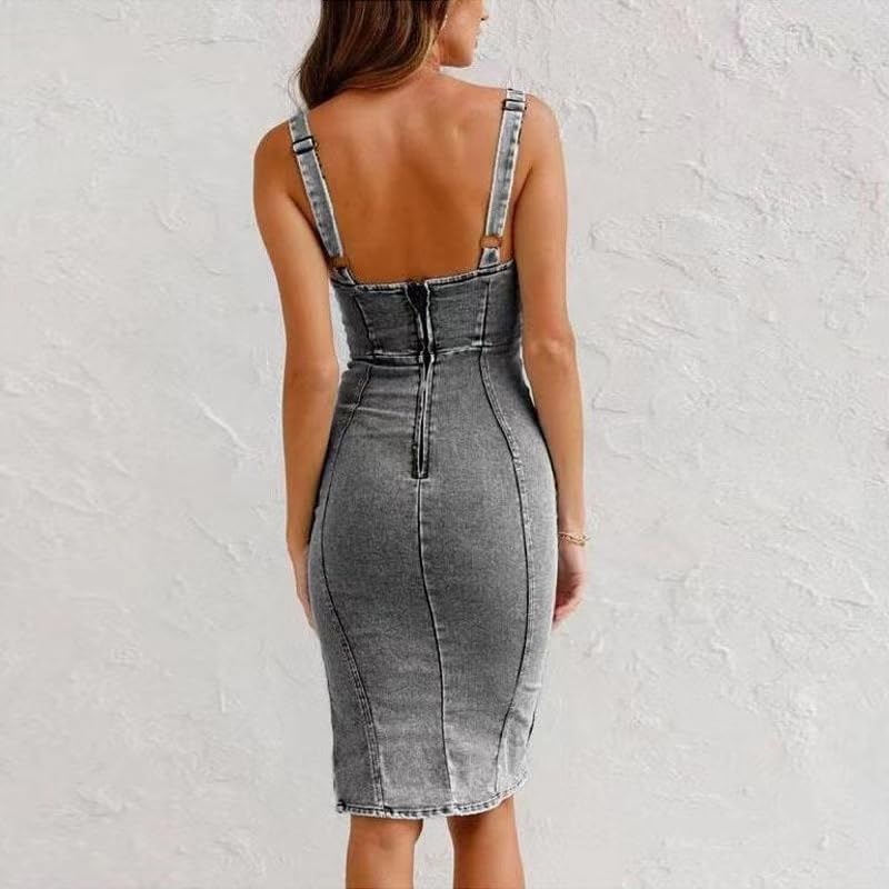 EMMIOLA Women's 2026 Sleeveless Bodycon Midi Denim Dress with Side Slit