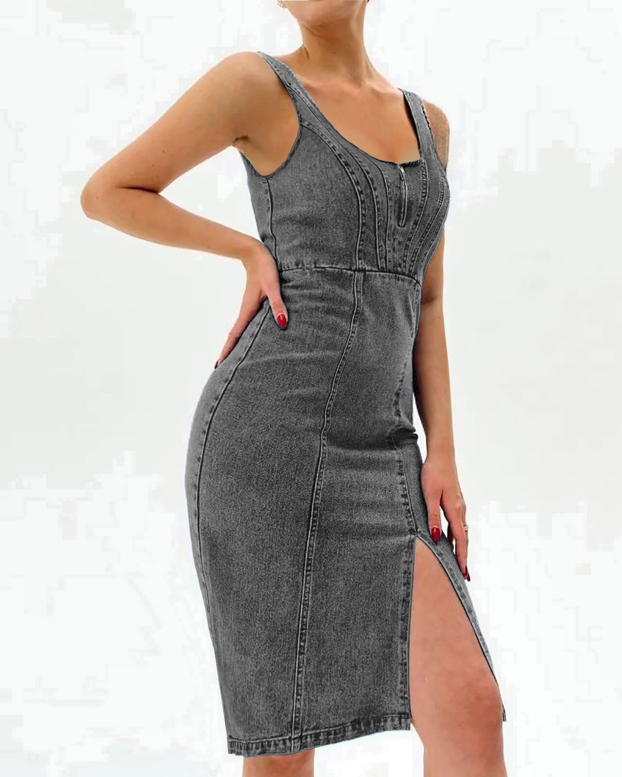 EMMIOLA Women's 2026 Sleeveless Bodycon Midi Denim Dress with Side Slit