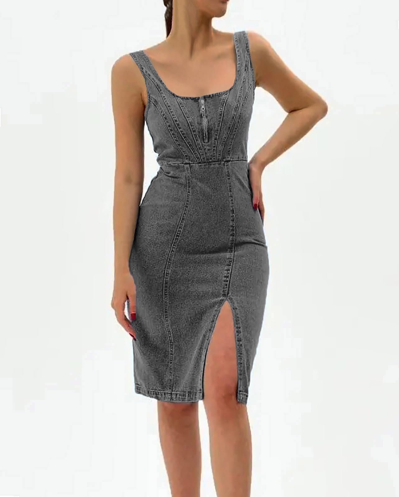 EMMIOLA Women's 2026 Sleeveless Bodycon Midi Denim Dress with Side Slit