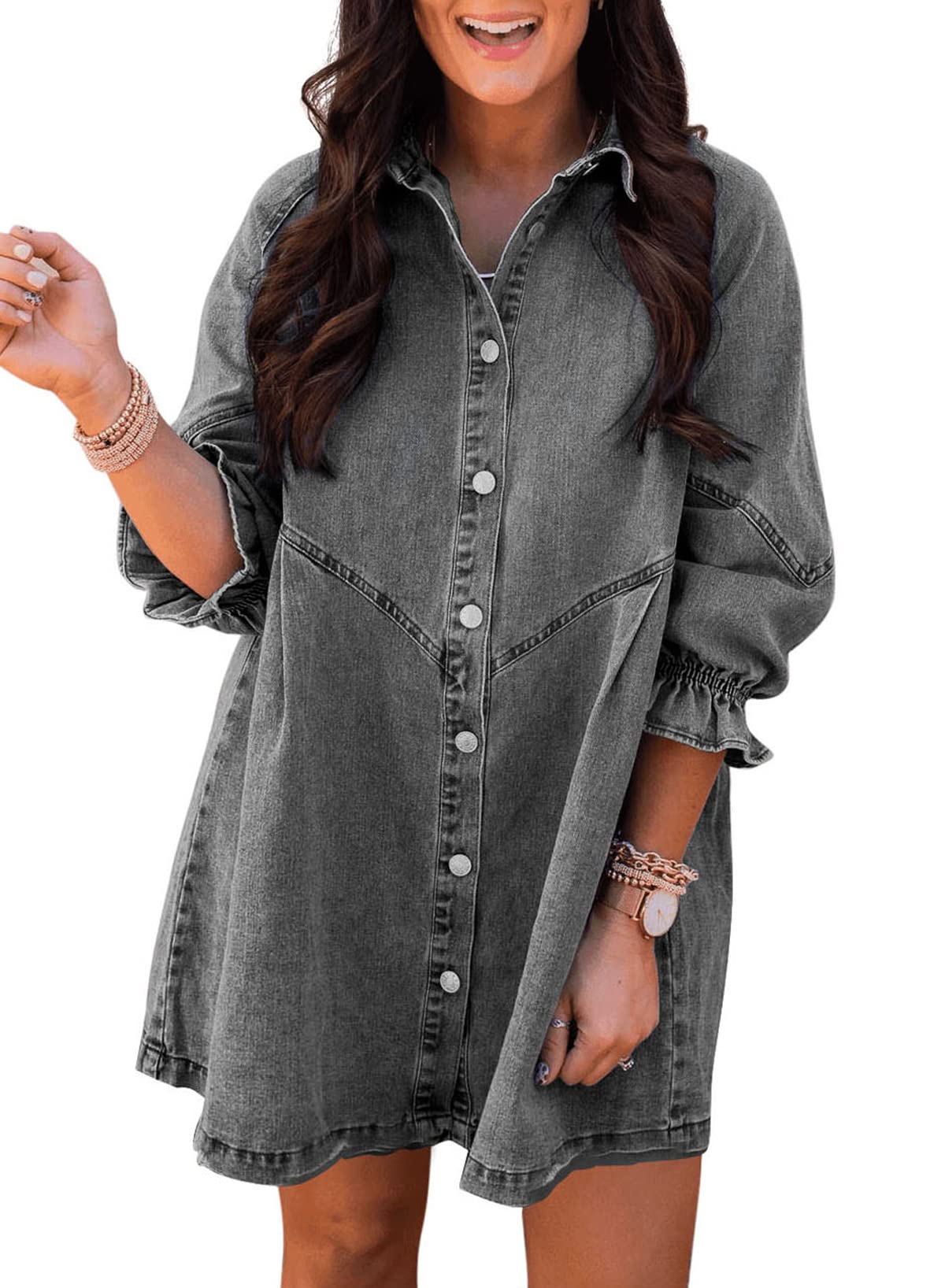 EMMIOLA Women's V Neck Button Down Denim Blouse Casual Tops