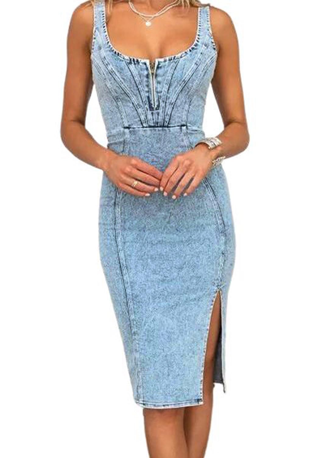 EMMIOLA Women's 2026 Sleeveless Bodycon Midi Denim Dress with Side Slit