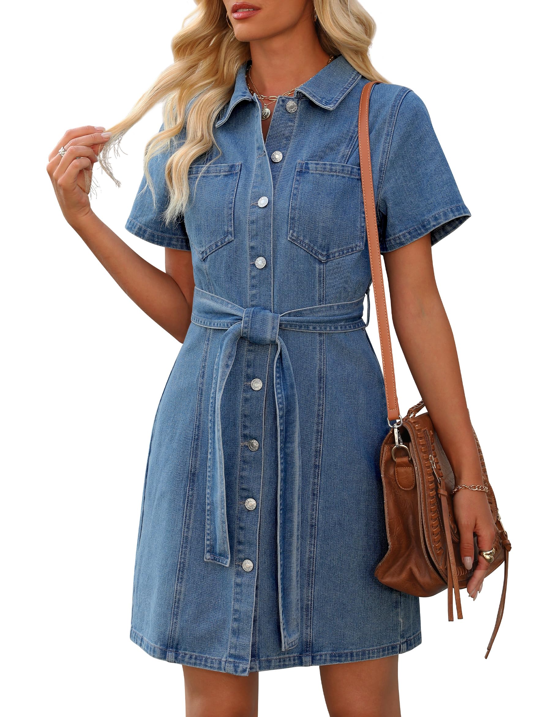 EMMIOLA Women's 2026 Western Cowgirl Short Sleeve Denim Shirt Dress with Pockets