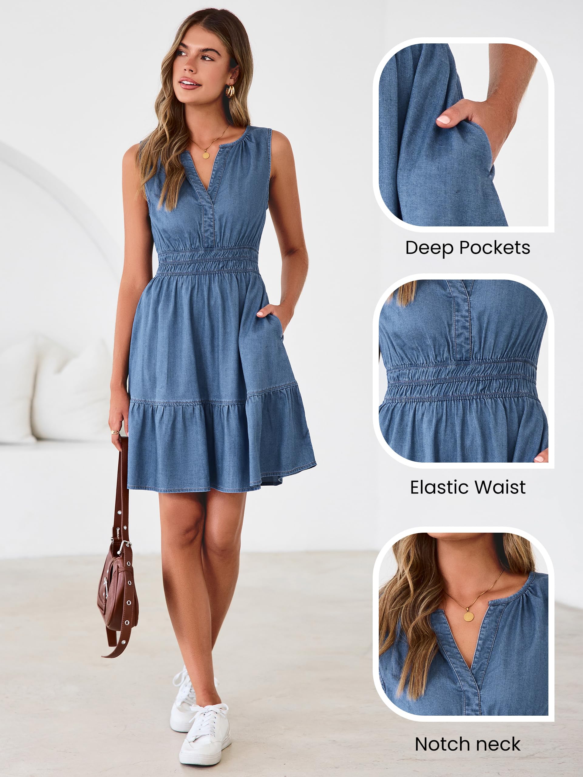 EMMIOLA Sleeveless Tiered Chambray Mini Denim Dress Cowgirl Country Style with Pockets
