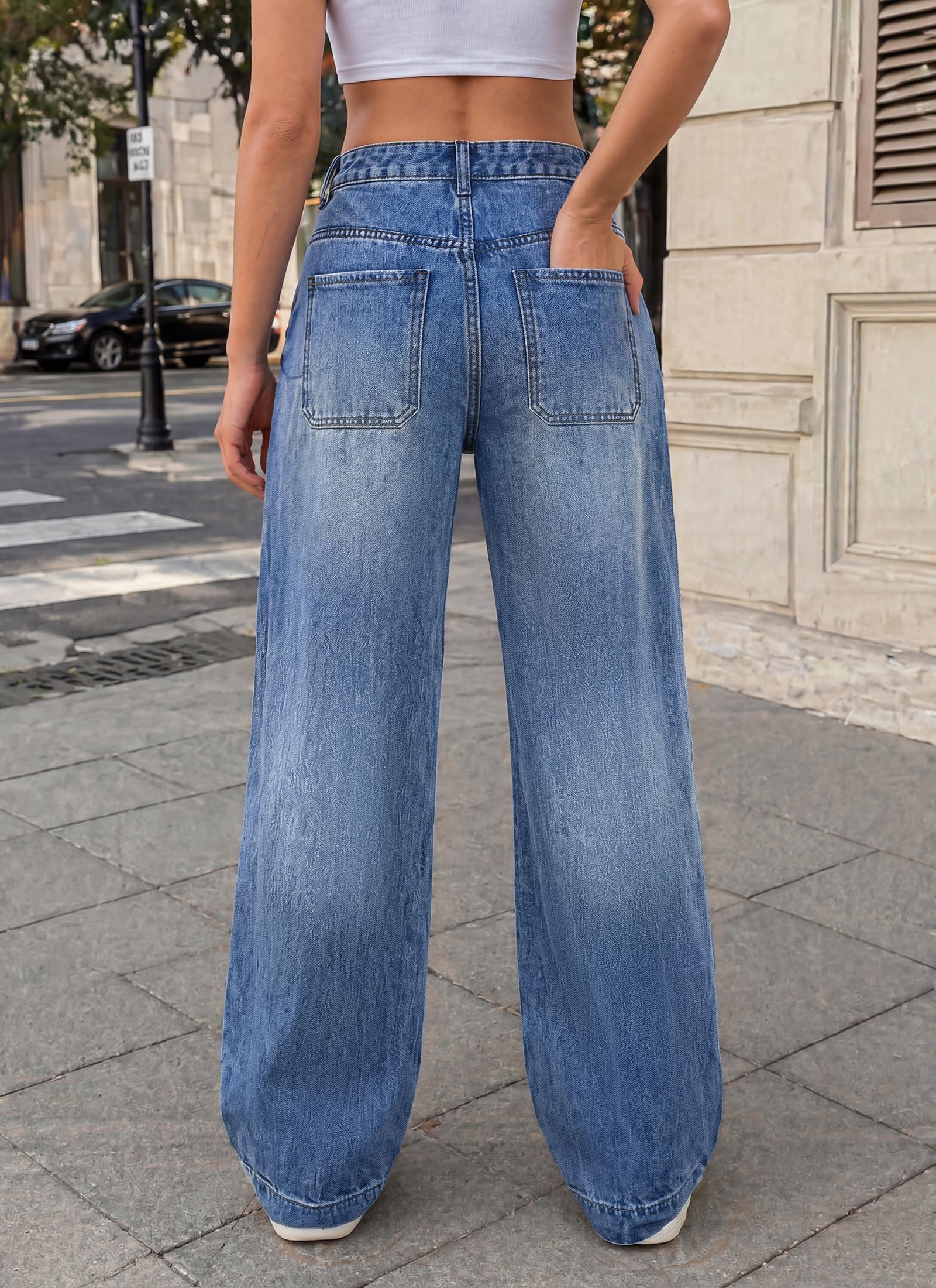 EMMIOLA Mid Waist Stretch Wide Leg Baggy Denim Jeans With Pockets