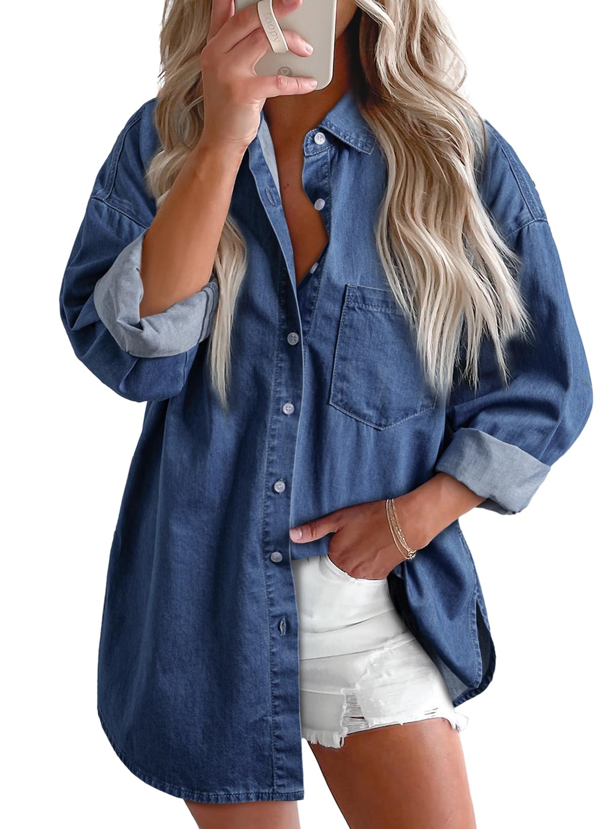 EMMIOLA Women's V Neck Button Down Denim Blouse Casual Tops