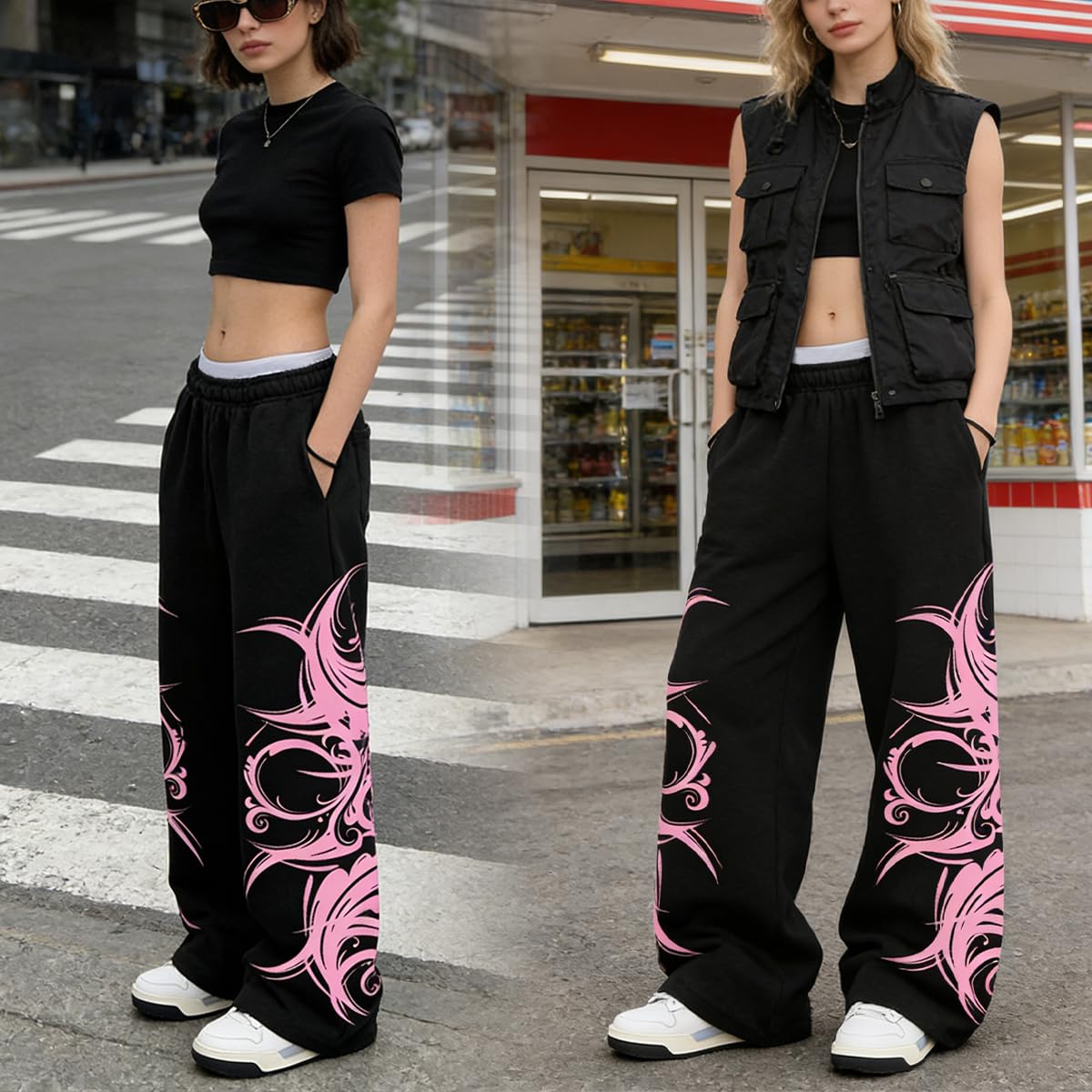 EMMIOLA Women Y2K Star Print Loose Wide Leg Harajuku Streetwear Pants