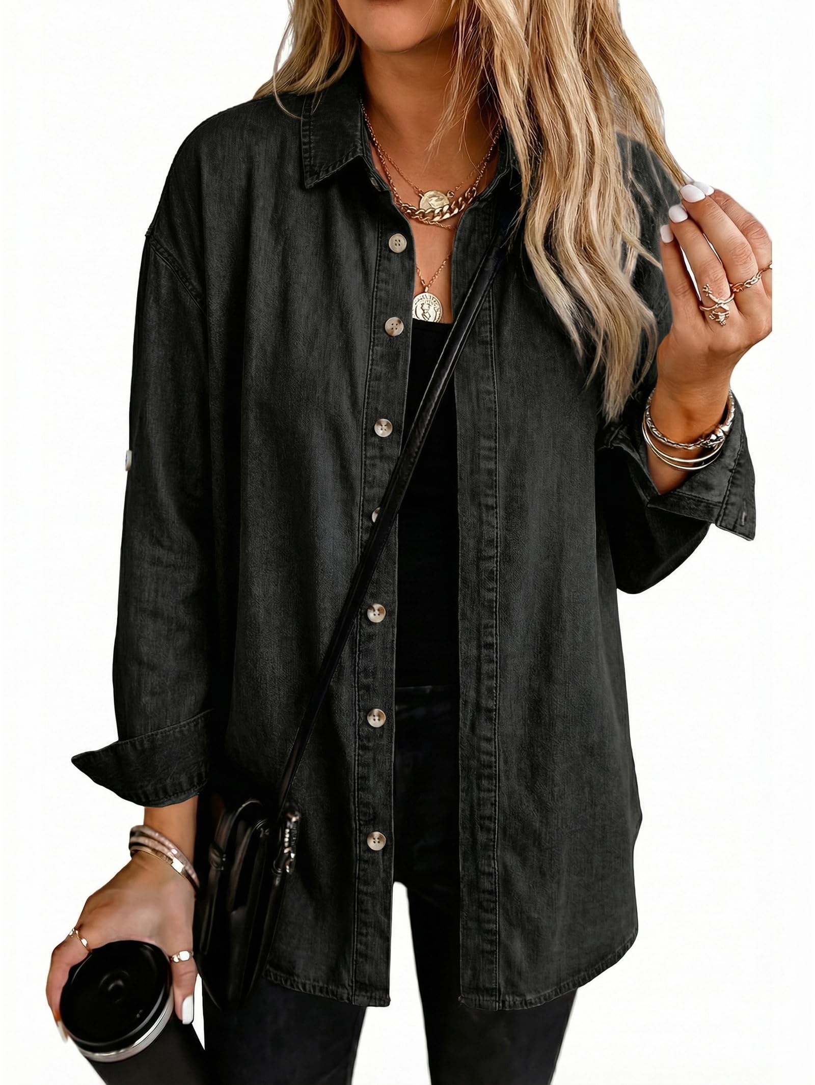 EMMIOLA Women Oversized Hidden Button Long Sleeve Denim Shirt