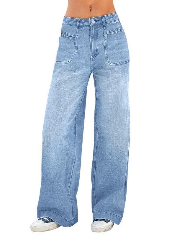 EMMIOLA Mid Waist Stretch Wide Leg Baggy Denim Jeans With Pockets