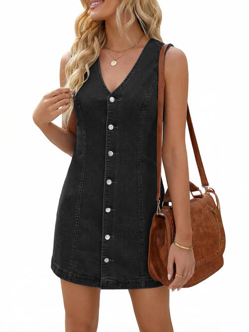 EMMIOL 2026 Summer V-Neck Sleeveless Denim Mini Dress, Button Front Casual Trendy Jean Dress