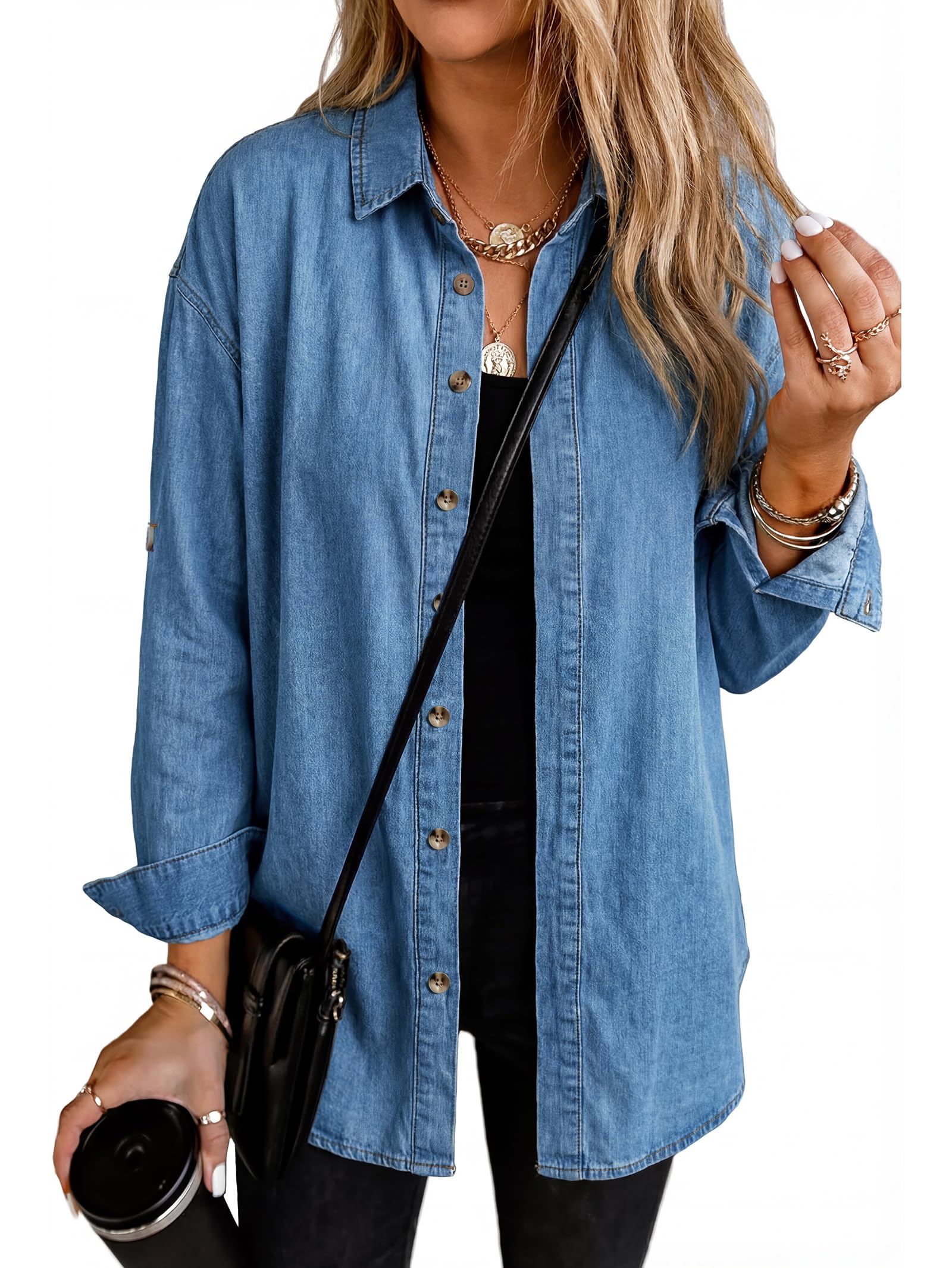 EMMIOLA Women Oversized Hidden Button Long Sleeve Denim Shirt