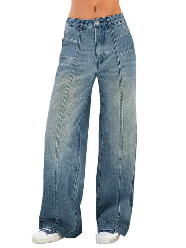 EMMIOLA Mid Waist Stretch Wide Leg Baggy Denim Jeans With Pockets