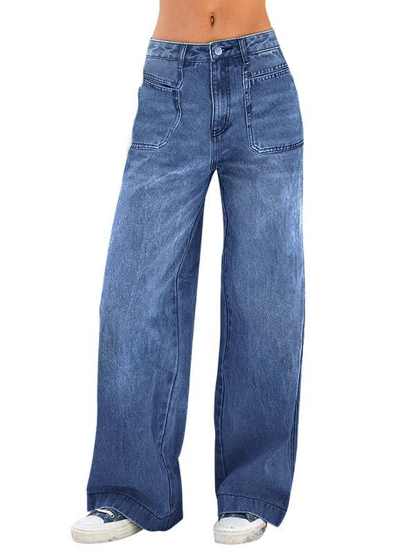 EMMIOLA Mid Waist Stretch Wide Leg Baggy Denim Jeans With Pockets