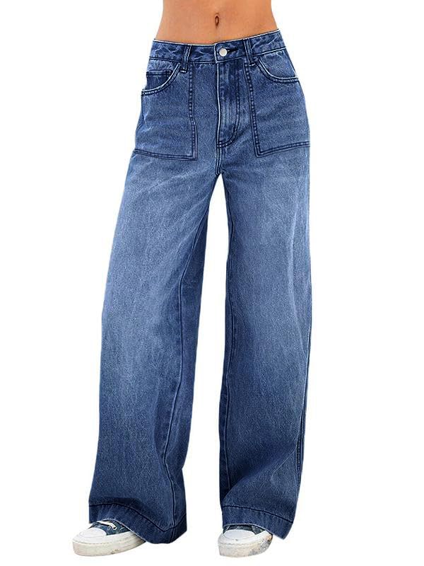 EMMIOLA Mid Waist Stretch Wide Leg Baggy Denim Jeans With Pockets