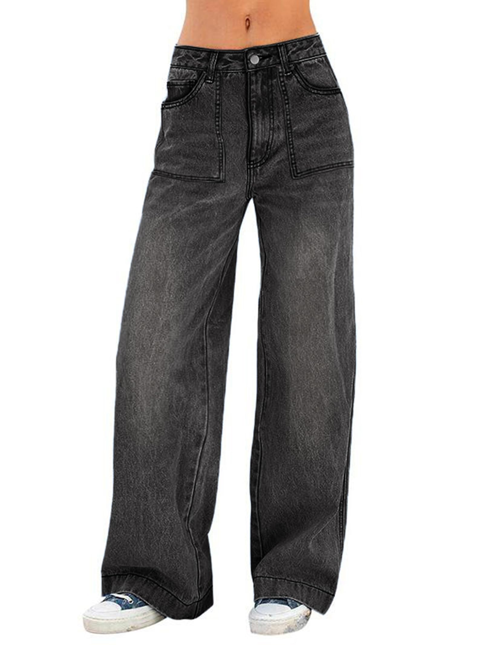 EMMIOLA Mid Waist Stretch Wide Leg Baggy Denim Jeans With Pockets