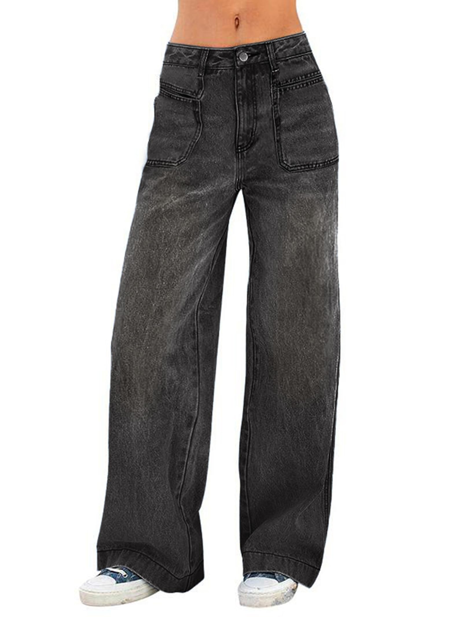 EMMIOLA Mid Waist Stretch Wide Leg Baggy Denim Jeans With Pockets