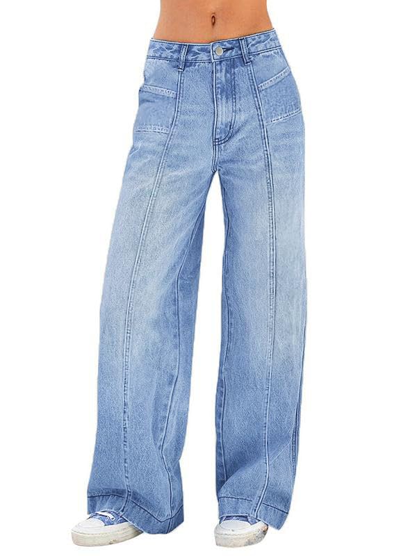 EMMIOLA Mid Waist Stretch Wide Leg Baggy Denim Jeans With Pockets