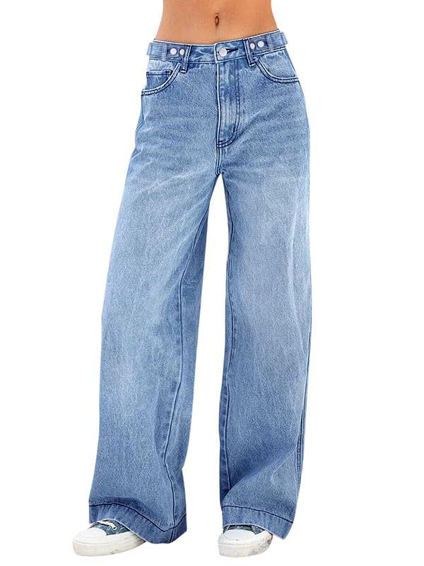 EMMIOLA Mid Waist Stretch Wide Leg Baggy Denim Jeans With Pockets