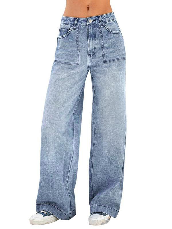 EMMIOLA Mid Waist Stretch Wide Leg Baggy Denim Jeans With Pockets