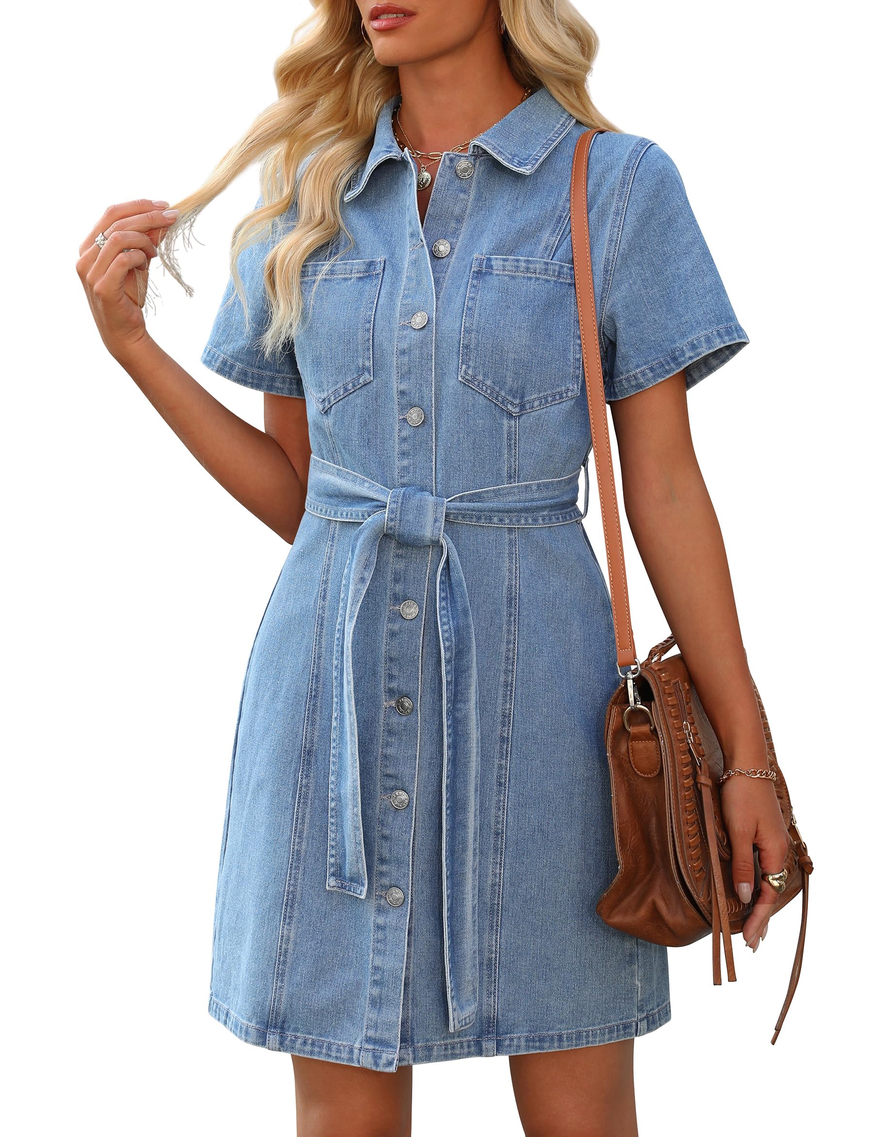 EMMIOLA Women's 2026 Western Cowgirl Short Sleeve Denim Shirt Dress with Pockets