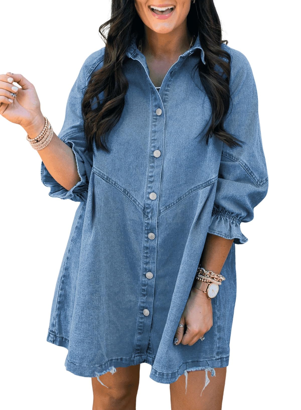 EMMIOLA Women's V Neck Button Down Denim Blouse Casual Tops