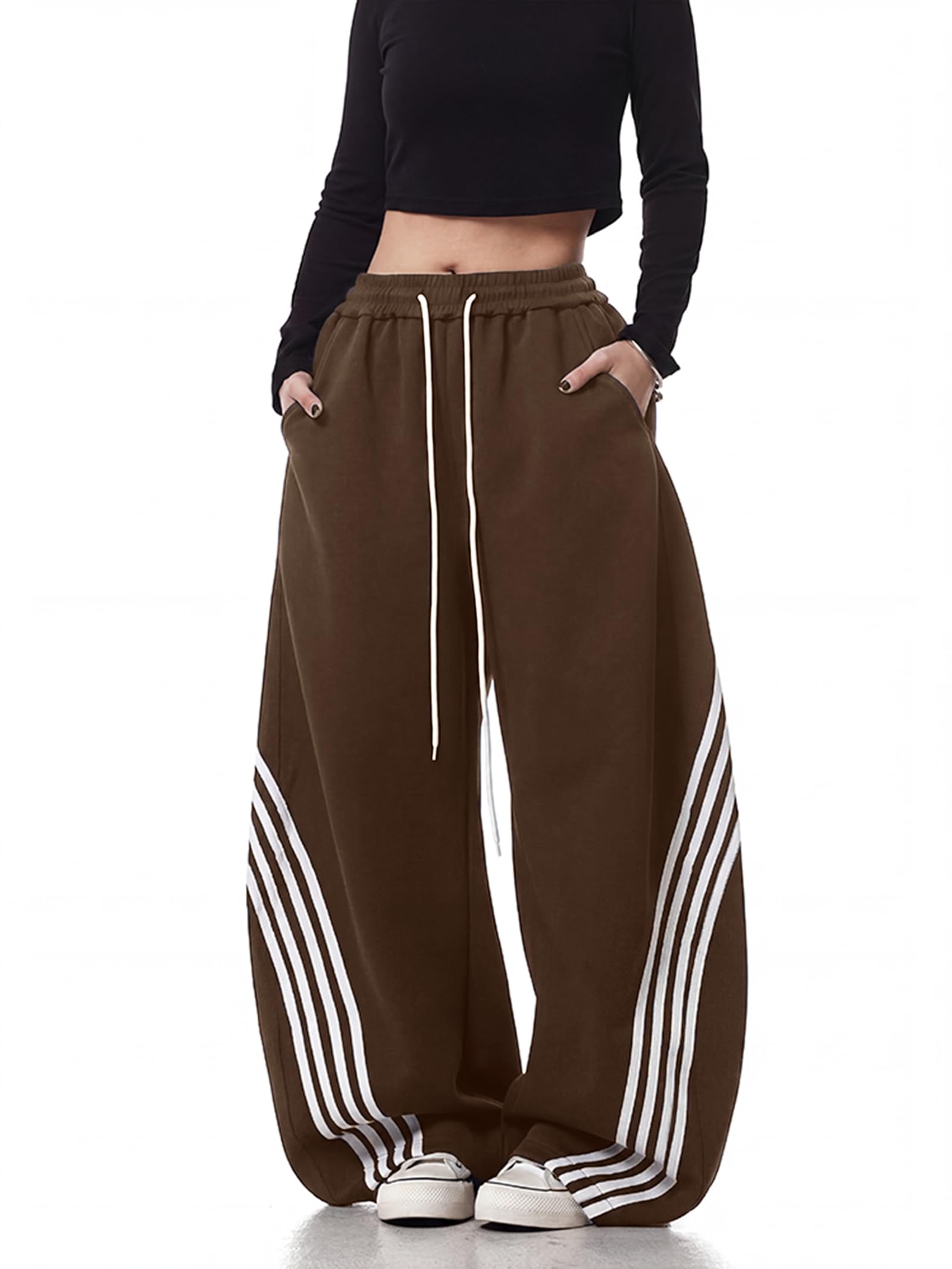 EMMIOLA Y2K Striped Barrel Baggy Sweatpants High Waist Wide Leg Drawstring Joggers