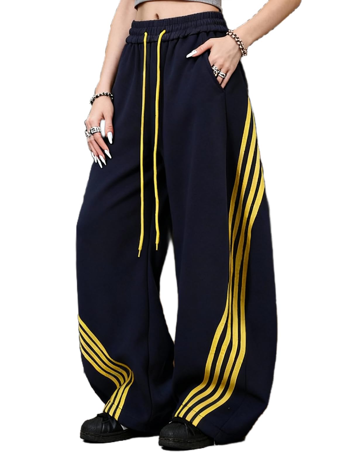 EMMIOLA Y2K Striped Barrel Baggy Sweatpants High Waist Wide Leg Drawstring Joggers