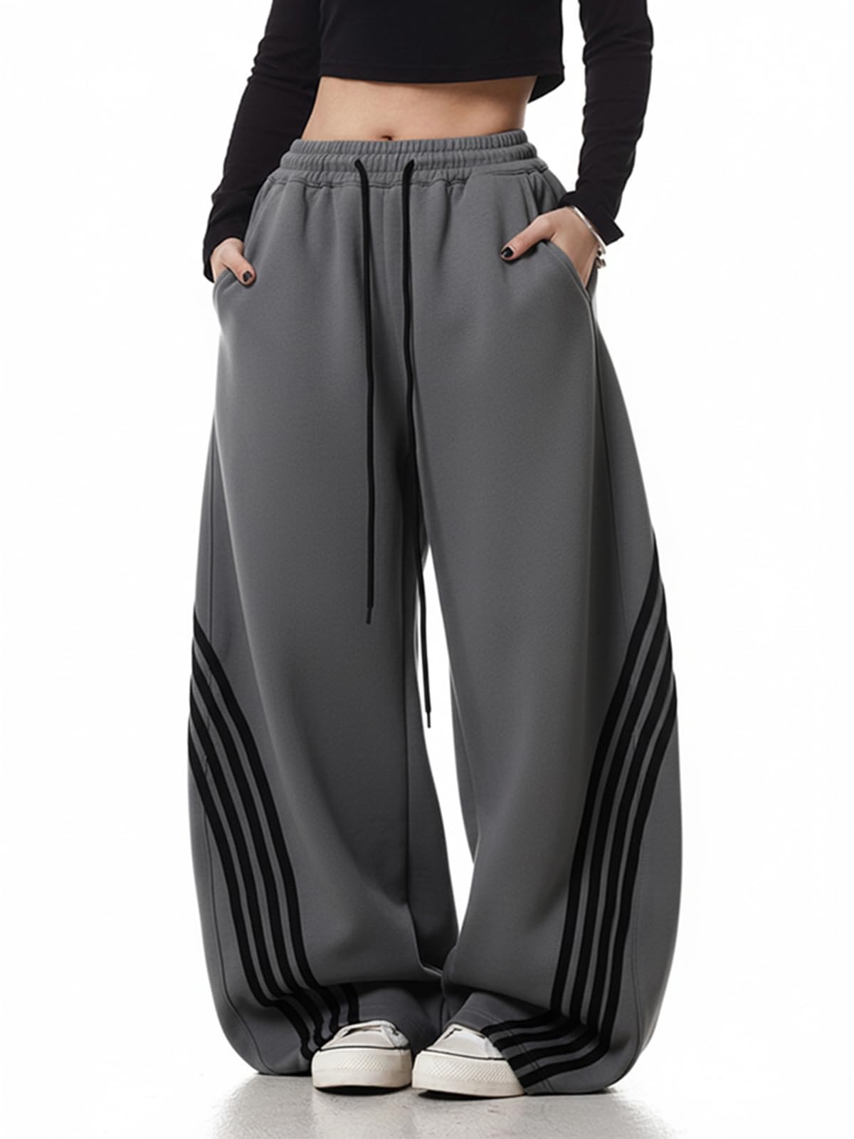 EMMIOLA Y2K Striped Barrel Baggy Sweatpants High Waist Wide Leg Drawstring Joggers