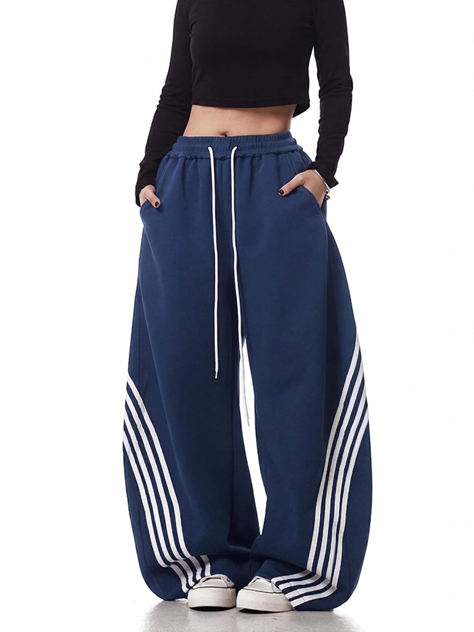 EMMIOLA Y2K Striped Barrel Baggy Sweatpants High Waist Wide Leg Drawstring Joggers