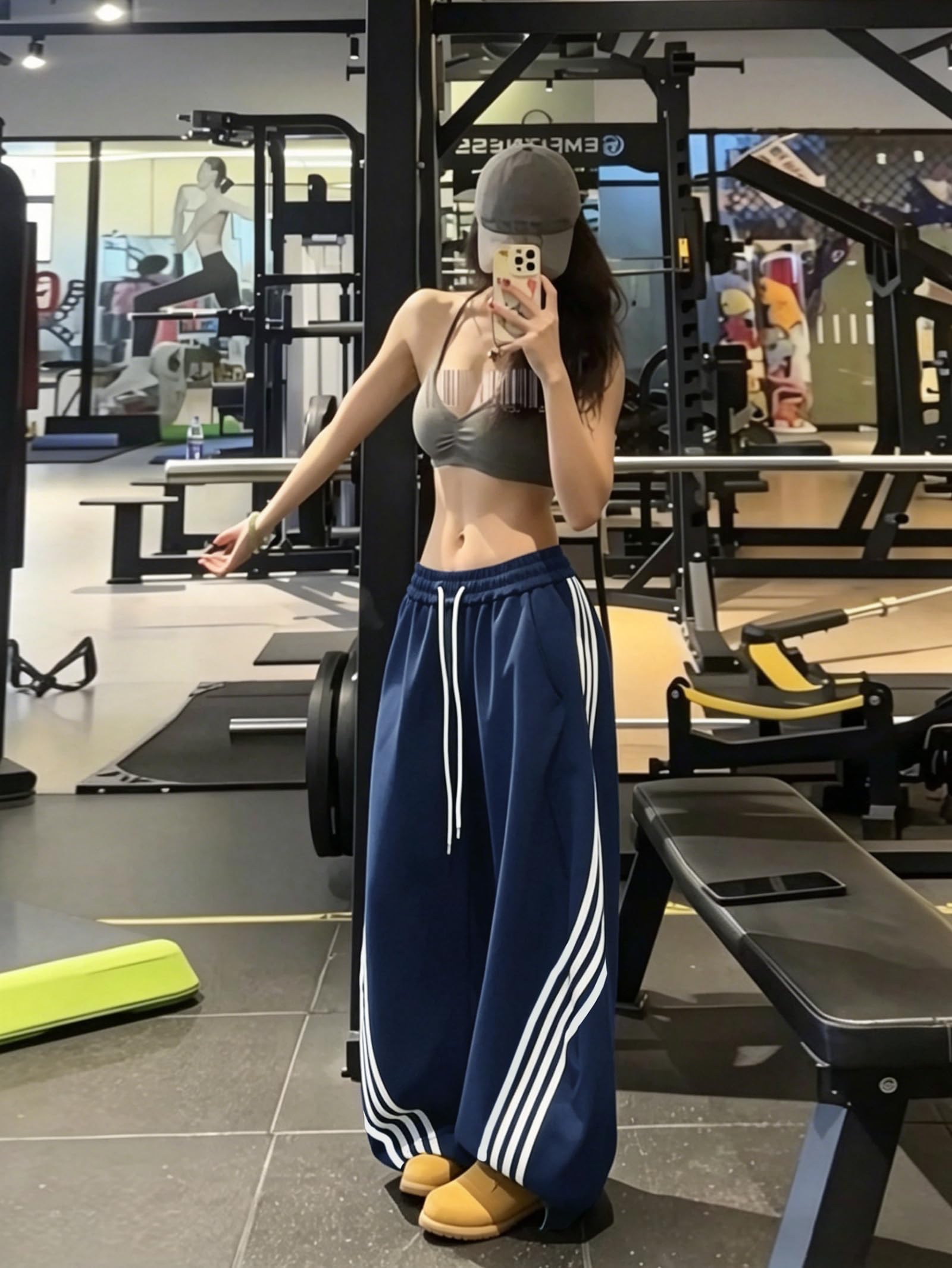 EMMIOLA Y2K Striped Barrel Baggy Sweatpants High Waist Wide Leg Drawstring Joggers